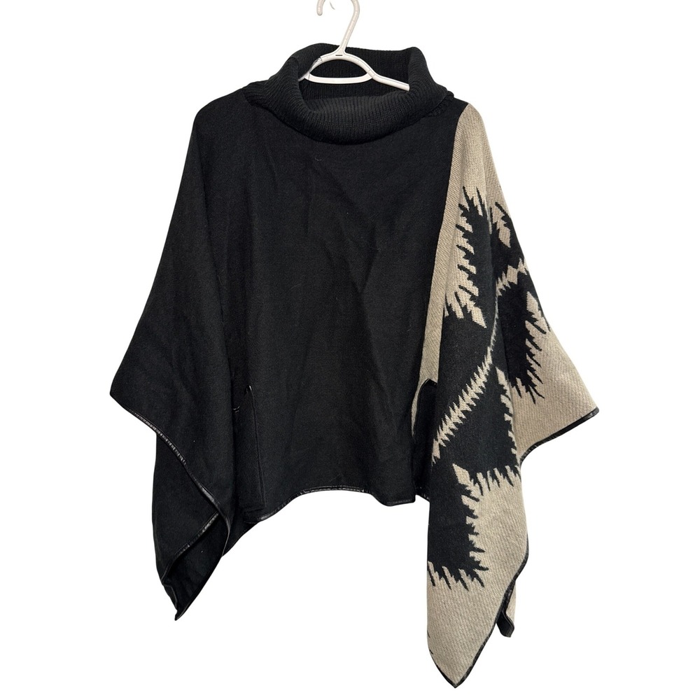 Mark Women Black Tan Southwestern Tribal Cowl Neck‎ Poncho Cape Wrap Size M/L